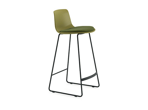 On white image of Enea Stool with seat green cushion and black metal legs